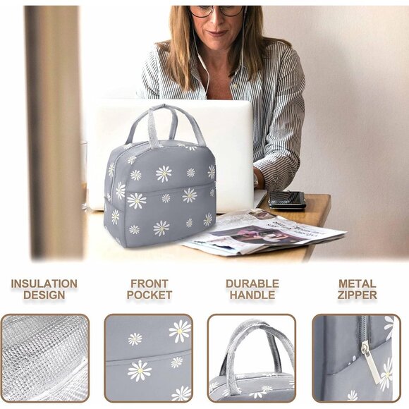 Sonuimy Insulated Lunch Bag for Women & Men, Leakproof Tote with Daisy Print - Picture 4 of 6